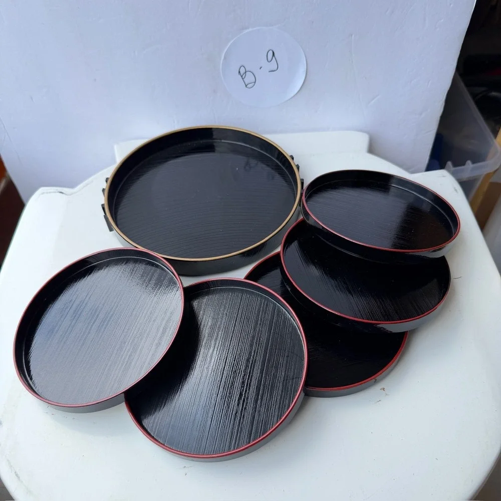 Set of 6 Vintage Japanese Style Black Lacquerware Round Serving Trays B-9